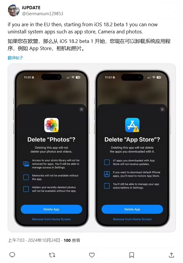 广水苹果手机维修分享iOS 18.2 支持删除 App Store 应用商店 