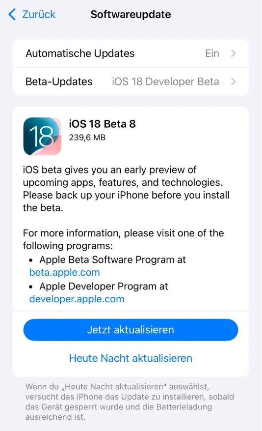 广水苹果手机维修分享苹果 iOS / iPadOS 18 开发者预览版 Beta 8 发布 